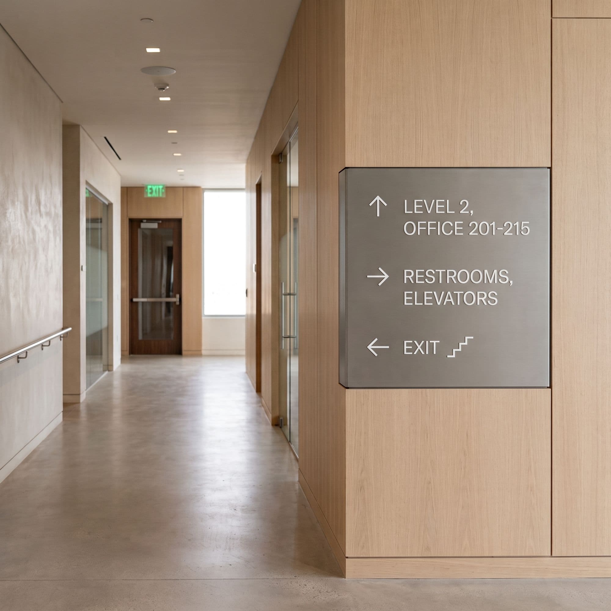 Wall-mounted directional wayfinding sign listing level, restroom and exit directions in a commercial corridor