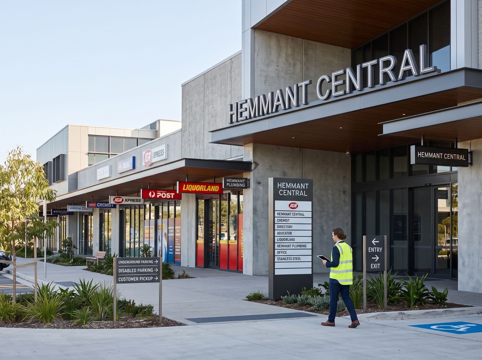 Illuminated tenant directory sign listing stores at a commercial retail precinct entrance