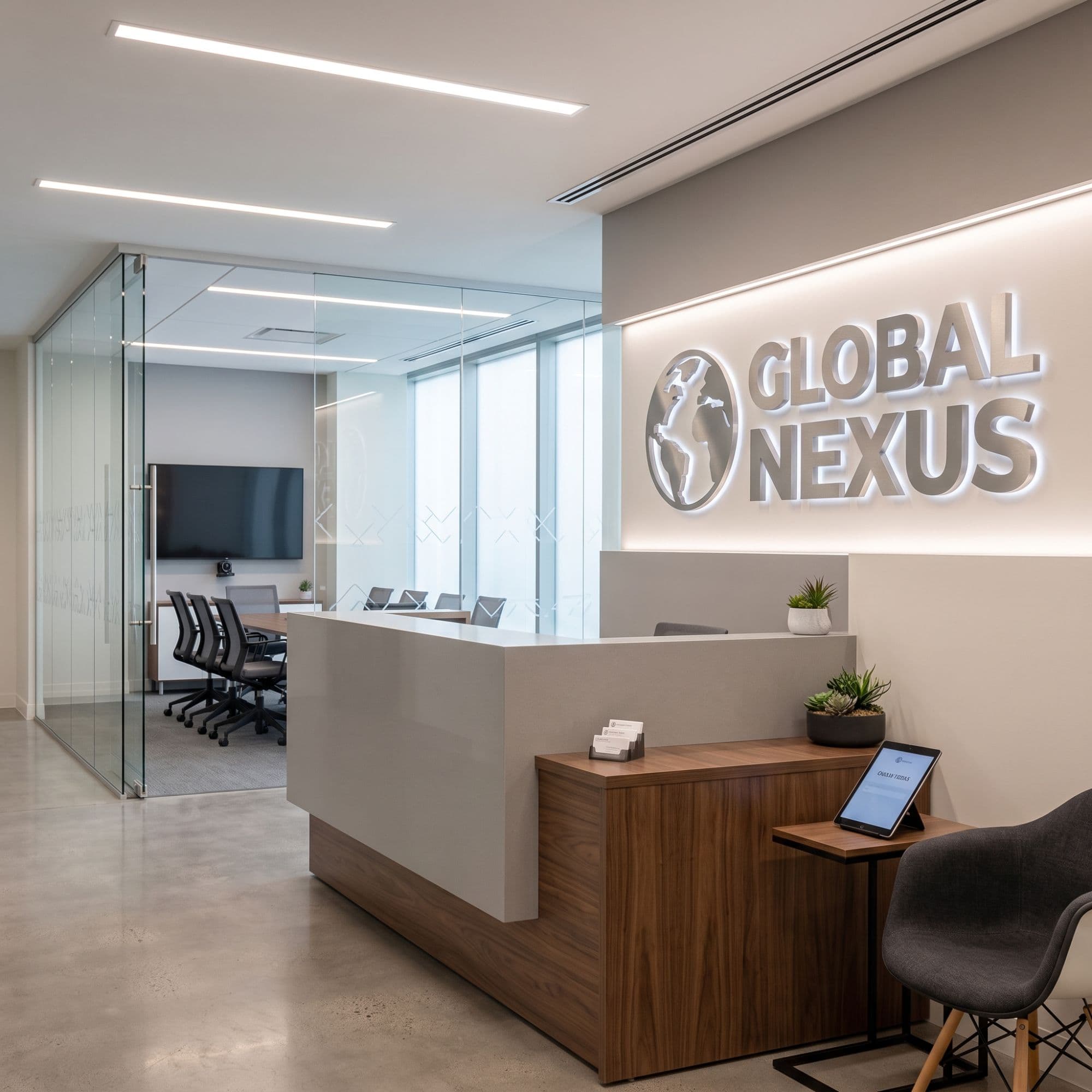 Backlit dimensional logo and wordmark signage behind a modern office reception desk