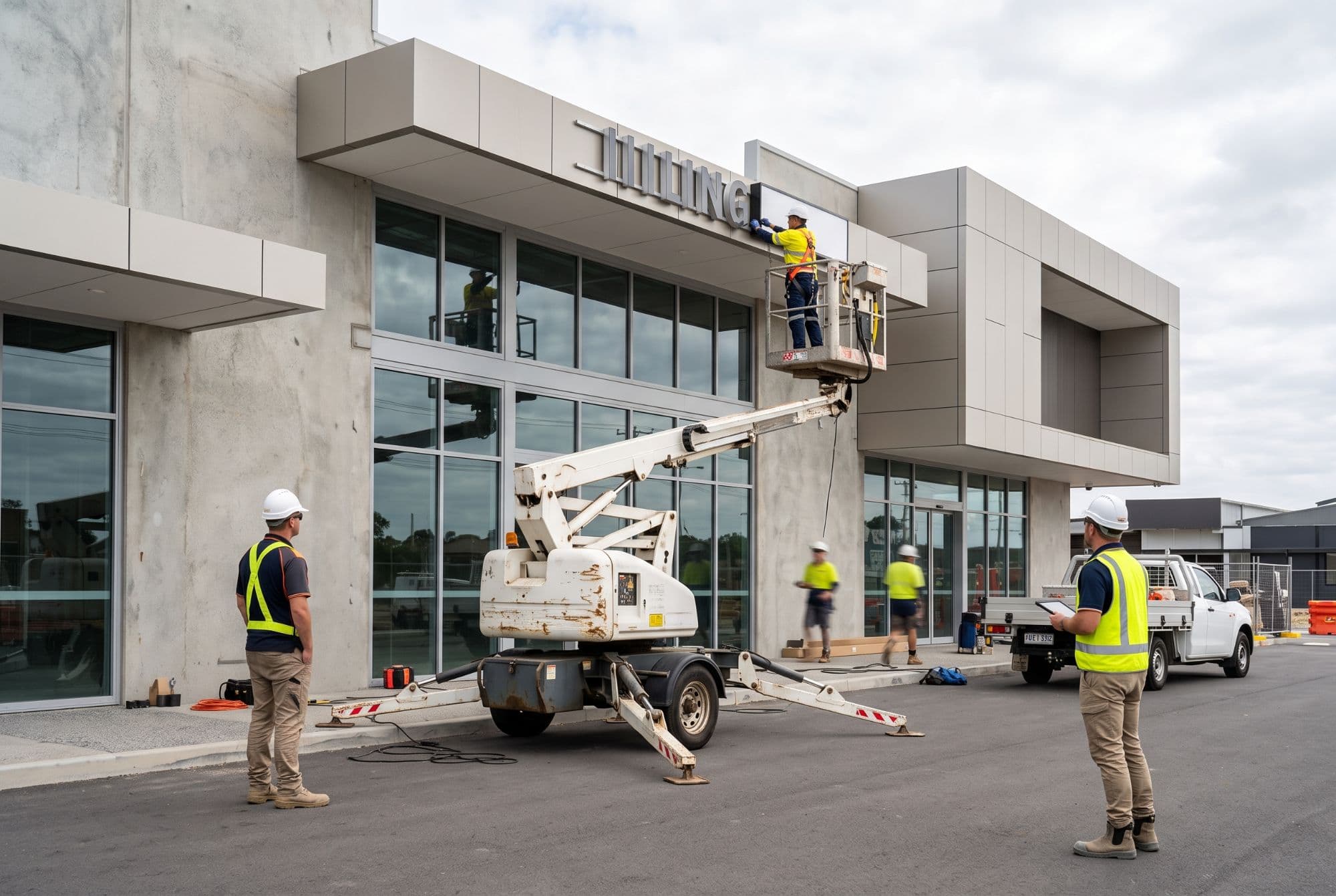 Installer on an elevated platform fitting dimensional letters to a commercial building facade