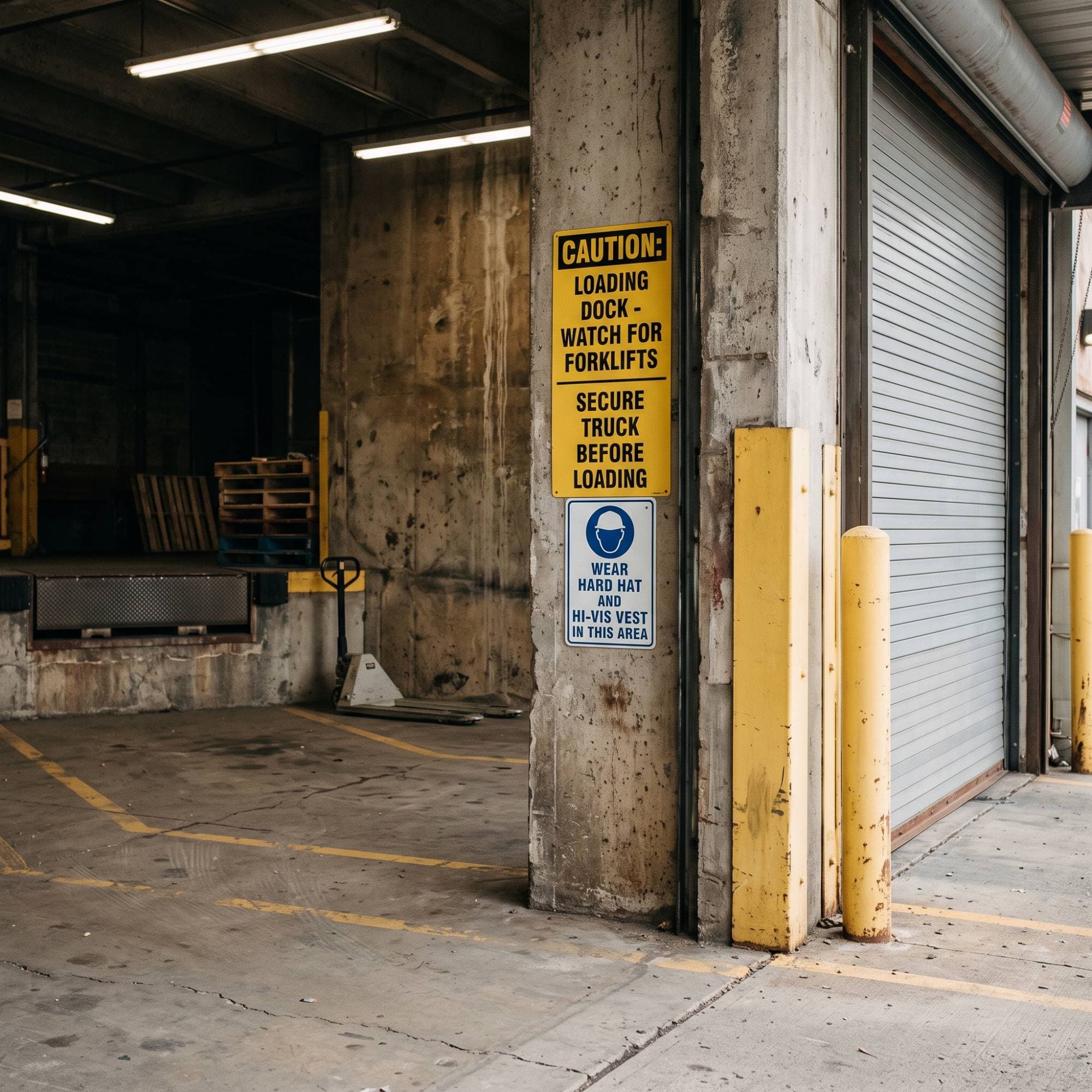 Caution and PPE safety signage mounted on a loading dock column at a commercial warehouse