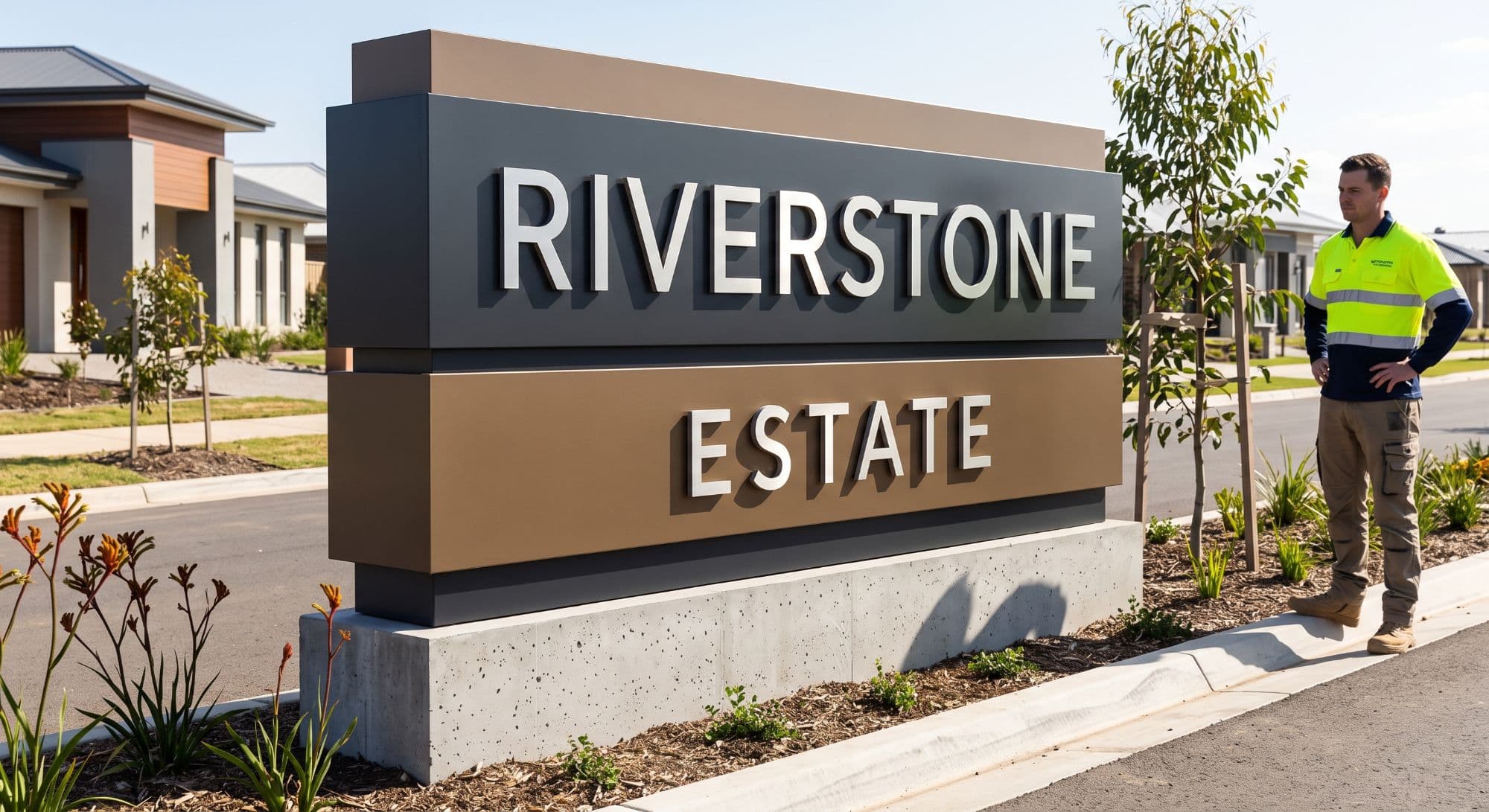 Illuminated residential estate monument sign at a development entrance