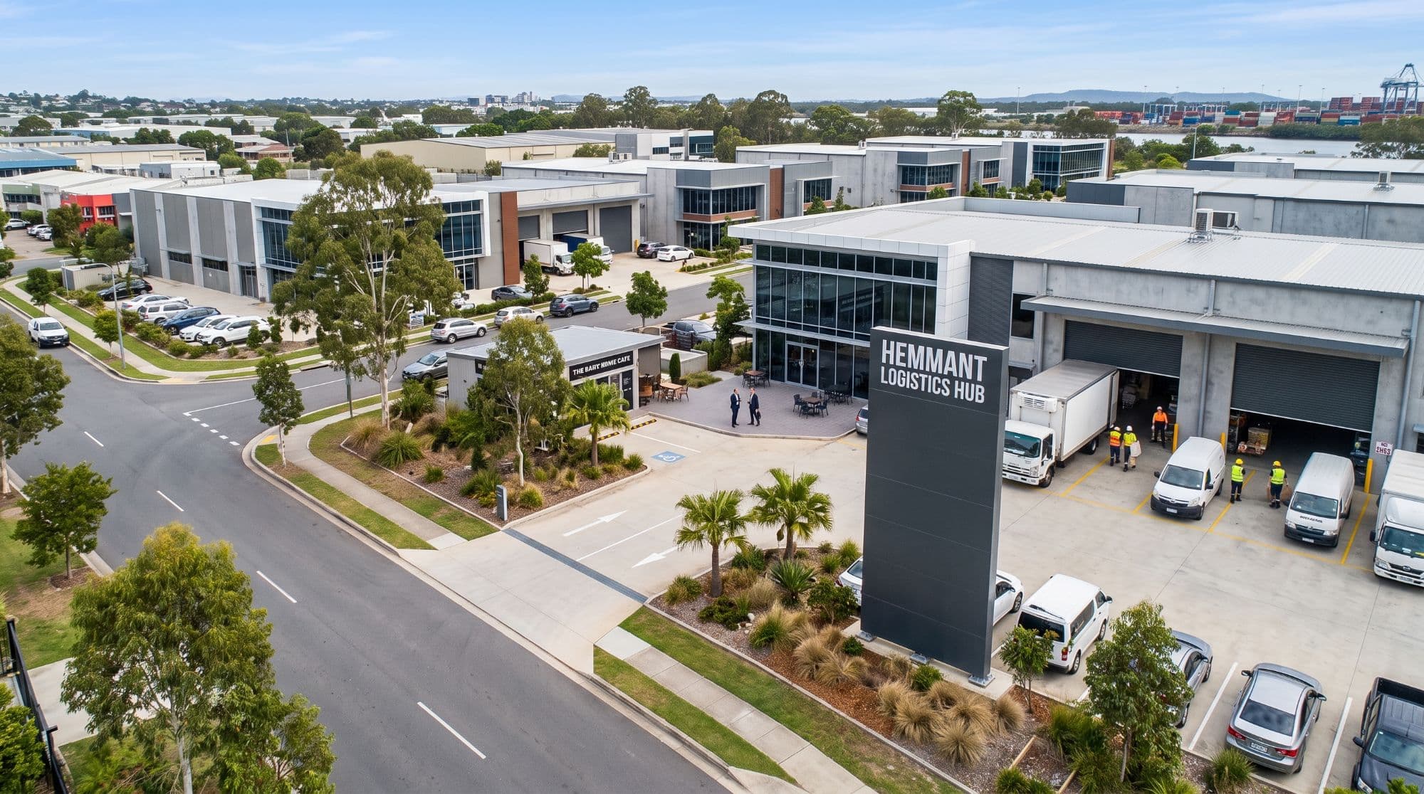 Aerial view of an illuminated building identification pylon sign at an industrial logistics precinct